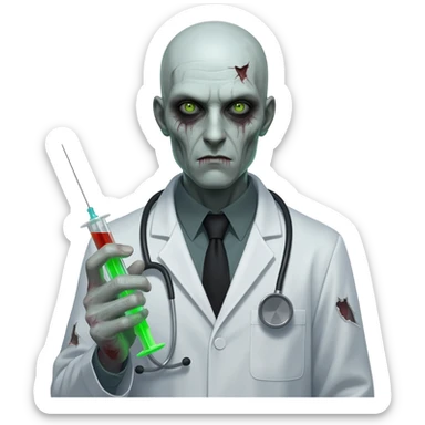 scary doctor with a poisonous needle sticker