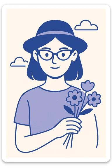 a girl with an oval face shape, wearing cat eye spectacles, a hat on her head, and holding flowers in her hand, clean modern illustration style sticker