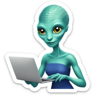  a Reptilian alien woman, in blue dress, working macbook on desktop sticker