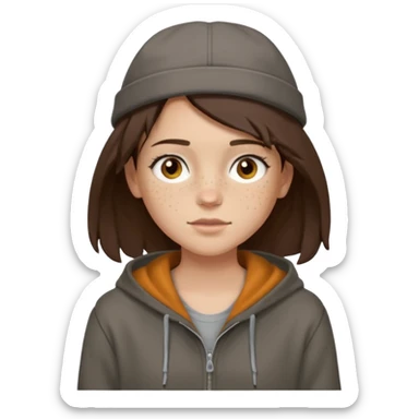 Hobo tomboy with light skin, freckles, shoulder-length center-parted dark brown hair. brown eyes, dark dull brown hoodie, grey shirt. Flat crown bolero hat sticker