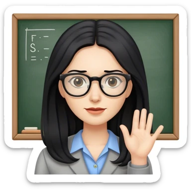 pale female teacher with long black hair, wearing glasses teaching Spanish sticker