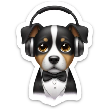 Dog with headphones and tuxedo sticker
