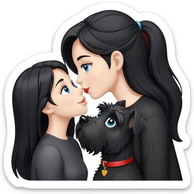 one pale girl with light blue eyes and long black hair wearing black shirt kissing schnauzer smiling black schnauzer  sticker