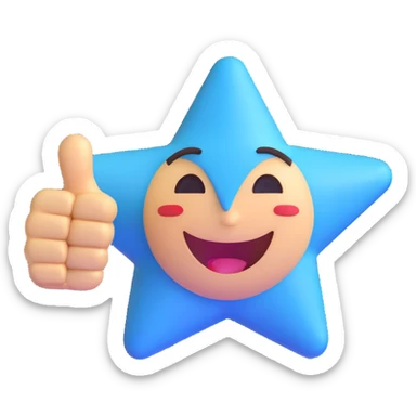 Change the star to blue while keeping the smiling face, winking eyes, right hand welcoming gesture, and left hand thumbs up. Maintain the 3D emoji style with no background (transparent). sticker