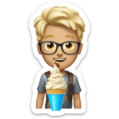 Blond boy with glasses eating chocolate soft serve ice cream where the ice cream is brown and there’s no cone and there are fly sprinkles  sticker