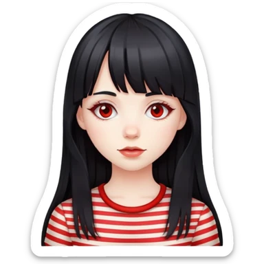 pale girl, long black hair with red striped hair and bangs sticker