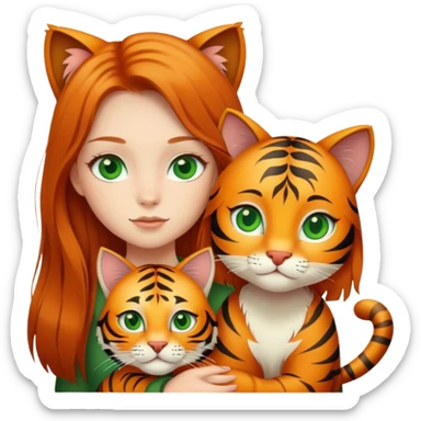 Girl with ginger long hair and green eyes with a tiger cat sticker