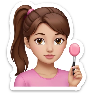 girl with brown hair in a ponytail with pink blush sticker