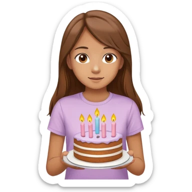 A teenage girl with brown long hair, brown eyes, some basic outfit like pastel T-shirt, in your hands cake and she make a wish sticker