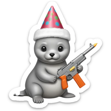 Baby seal wearing birthday hat holding a gun sticker