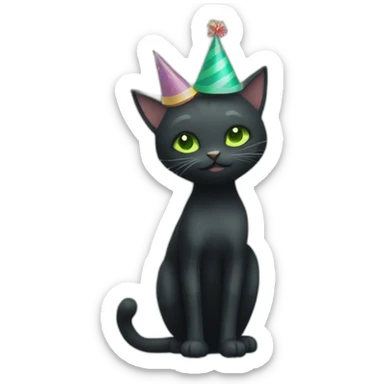 black cat with dark grey stripes and light green eyes wearing a party hat sticker