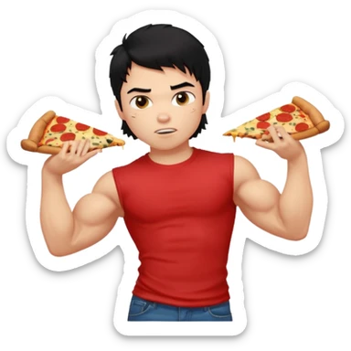 generate a pretty fair bratz boy with a messy mullet (black hair), wearing a red tshirt. eating pizza. He has big biceps and ripped sticker