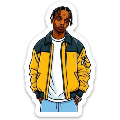 2019 Travis Scott celebrity and rapper, hperrealistic, mirco-detailed, vivid, bold colo=s, 3D sticker design
 Must be 8k hd, 8000x8000px resolution. Must use very thin transparent smooth lines sticker