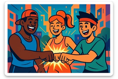 A group of three sporty characters smiling and fist bumping, surrounded by glowing energy, in an urban cartoon style with vibrant colors and a fitness vibe. sticker