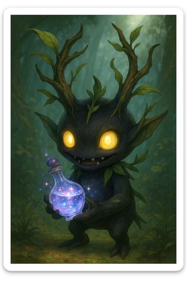 A spriggan from FFXIV holding a fantasia bottle with a magical aura, semi-realistic fantasy illustration sticker