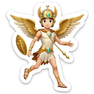 Generate an emoji-style depiction of Hermes, the Greek god of speed, travel, and communication. He should have a youthful face with a playful, clever expression. Include his signature winged helmet and winged sandals. He can hold a caduceus—a staff with two intertwined snakes and wings at the top. His outfit should be a simple tunic, preferably short to suggest agility. The color scheme should be gold, white, and light blue to emphasize his divine and swift nature. Make the overall style sleek and dynamic, as if he’s in motion or ready to dash away sticker