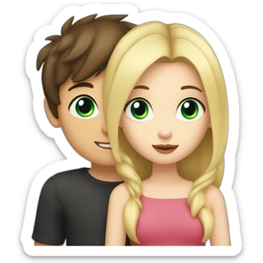 Girl with blue eyes and blonde hair kiss a boy with dark brown hair and green eyes sticker