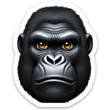 Gorilla-like face, stern expression, deep-set eyes, rugged features, short dark fur. Shadowy lighting, intense and primal gaze, scars on skin, battle-worn look. sticker