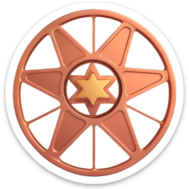 film reel floating in space with a warm copper-colored star behind it, 3D style, metallic copper highlights, cosmic atmosphere sticker