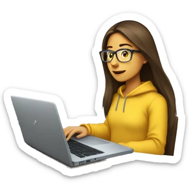 female coder with apple laptop in front of her, very long straight brown hair, brown eyes, facing the right side looking at the laptop, yellow sweatshirt,  glasses sticker