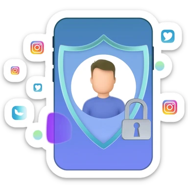 Emoji representing protection of a personal brand online: shield around a smartphone with profile avatar, small social media icons around it, lock symbol on the shield, clean modern emoji style, bright colors, symbolizing security and digital identity. sticker