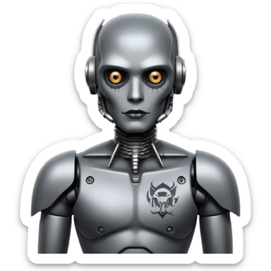 black metal Tatooed robot, big many tatooes on chest, neck and face, white tatoo on face sticker