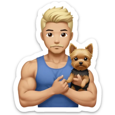  Holding a blonde yorkie Korean Asian handsome man with black pointy hair full goatee and body builder biceps sticker