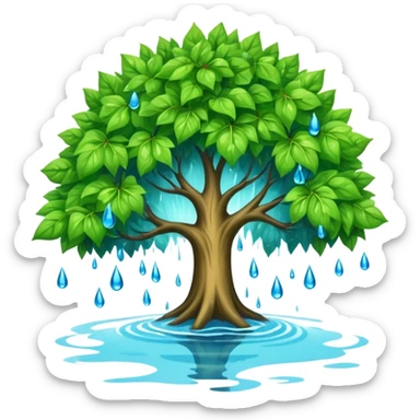 a leafy green tree with its crown bursting into blue water drops, no fire or smoke sticker