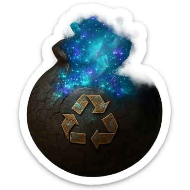 Create a 'full' version of the Elden Ring Cracked Pot style recycle bin icon. The pot should be identical in style and angle to the original, but filled with glowing magical debris or mystical trash inside. Maintain the Elden Ring Cracked Pot style and transparent background, 1080 x 1080 resolution. sticker