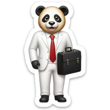 A professor with white suit and red tie and a panda face holding a hotdog and a black suitcase sticker