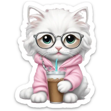 White rag doll kitten wearing a fancy light pink hoodie and diamond filled stethoscope necklace and wearing white glasses and holding iced coffee  sticker