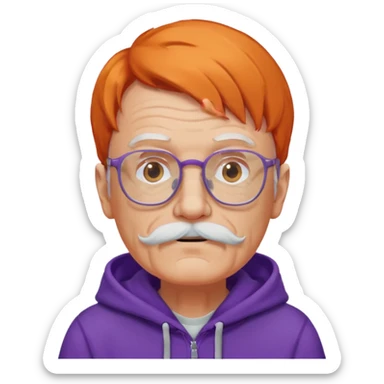 old man, orange hair, white mustache, wearing glasses, wearing a purple hoodie sticker