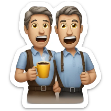 two raging men hold one steaming cup of coffee sticker