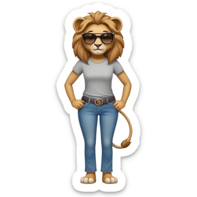 friendly anthropomorphised female lion character, full body, standing confidently with legs apart and hands on hips, wearing jeans, a t-shirt, and dark sunglasses, with a confident smile sticker