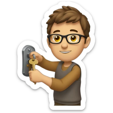 brown-short-haired man with glasses, struggling to fit a key into a door-lock sticker