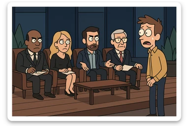 a dramatic scene of investors sitting in chairs evaluating a nervous entrepreneur, inspired by Shark Tank, flat toon style, unique art style sticker
