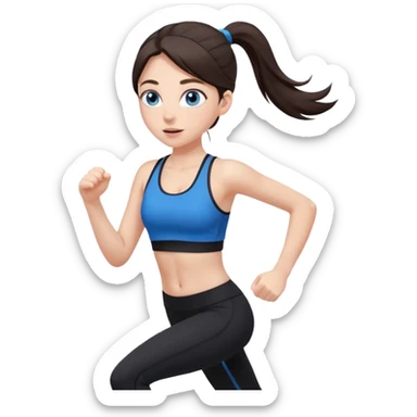 A girl with fair skin and a caring blush. Her eyes are big, expressive, blue. Her hair is long, straight, dark brown.  in a ponytail, running, she is wearing black leggings and a black sports bra sticker