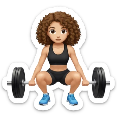 mulher branca com cabelo cacheado longo castanho com top e shorts preto fazendo agachamento com peso sticker