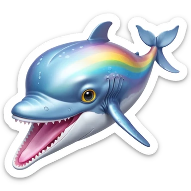 ice pastel baby blue, platinum grey and steel silver skin humpback whale with pink tongue and with tawny amber and yellow eyes with black pupils and barnacles and iridescent rainbow shine on its back sticker