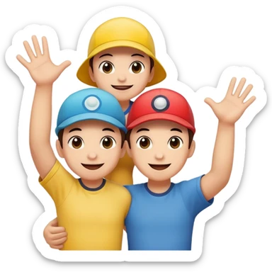 Three Pokémon characters working together as friends — bright, cheerful, and playful. They are helping each other: one is lifting another up, another is offering a hand, and they are all smiling. The style is colorful, cute, and cartoon-like, with a joyful background. sticker