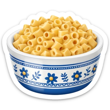 Blue and white floral bowl with Mac and cheese sticker
