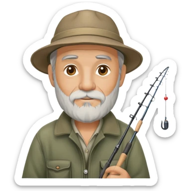 old fisherman with gray beard, fishing rod and hat sticker