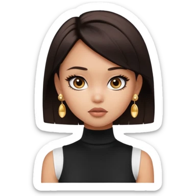 generate a pretty bratz girl in black cami top, dark brown straight short hair, eyeliner on. dark brown eyes. Wearing a white sleeveless turtleneck, gold stud earrings sticker