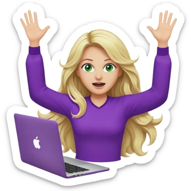 lady with long wavy blonde hair, purple top, green eyes, throwing her with a purple mac laptop hands in the air screaming, looking cross sticker