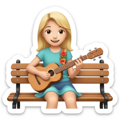 Teen girl – relaxed on park bench, strumming a ukulele, smiling.
 sticker