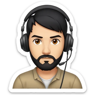 Serious gamer face with black hair, brown eyes, black beard, wearing gaming headset sticker