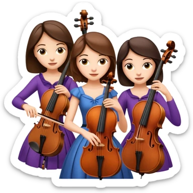 Create an imagine of three brunette women playing string instruments, the first is playing a cello, the second is playing a viola and the third is playing the violin sticker