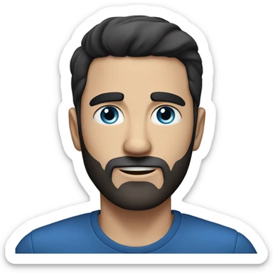 White man with black hair, short beard, rounded face, blue eyes, thick and slightly pointy eyebrows, short hair. sticker