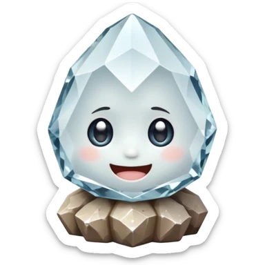 A single cute crystal rock character inspired by a clear quartz cluster, chunky round base with many tall transparent crystal spikes growing upward all around it, faceted and slightly imperfect, on the front of the base a big kawaii face with large glossy eyes and a wide happy smile sticker