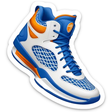 Cinematic Realistic image of a pair of basketball sneakers featuring detailed mesh and leather textures, vibrant color accents and dynamic design lines, illuminated by bold, high-energy arena lighting sticker